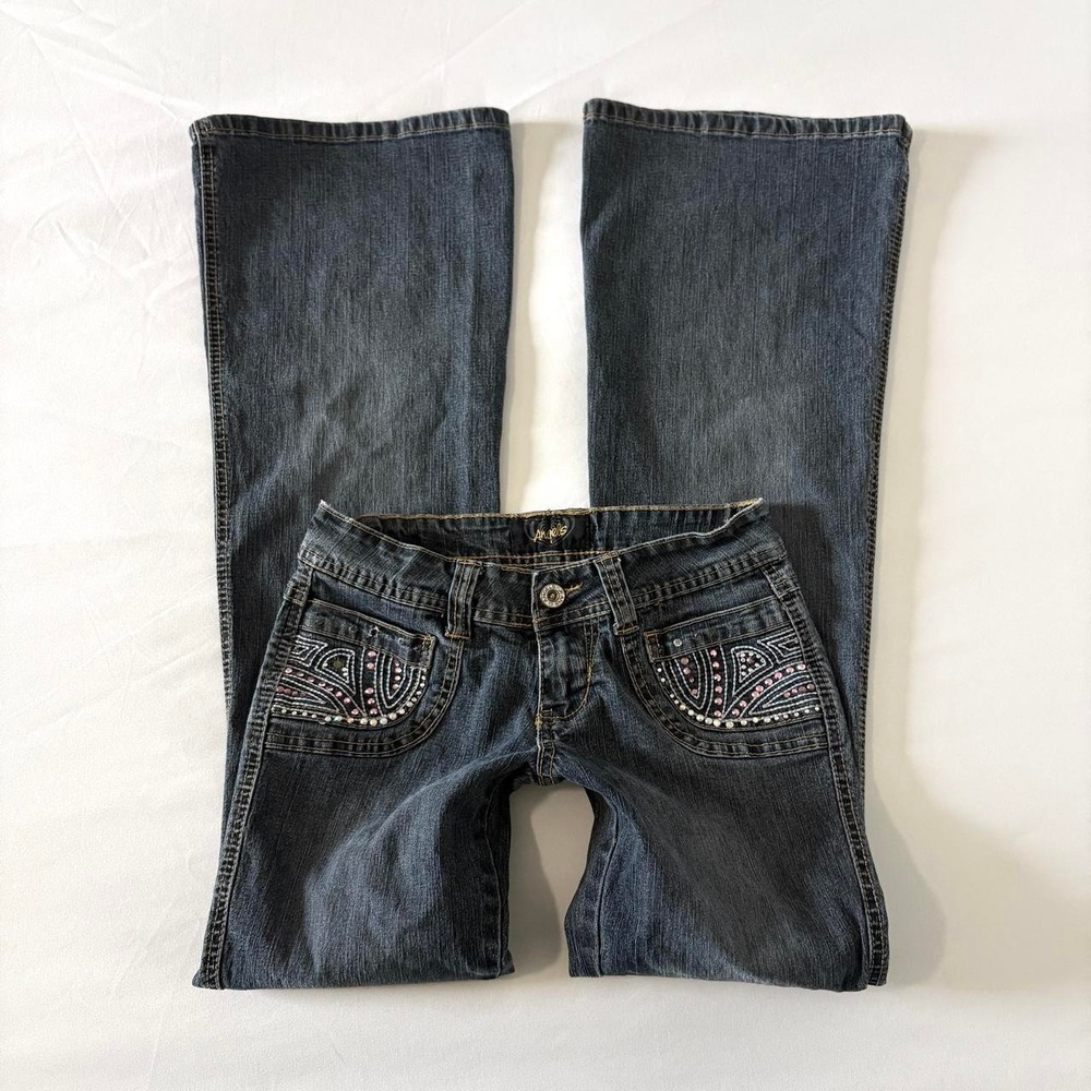 Angels Low Rise Flap Rhinestone Flare Jeans Women Size 1 Blue Denim Y2K Vintage